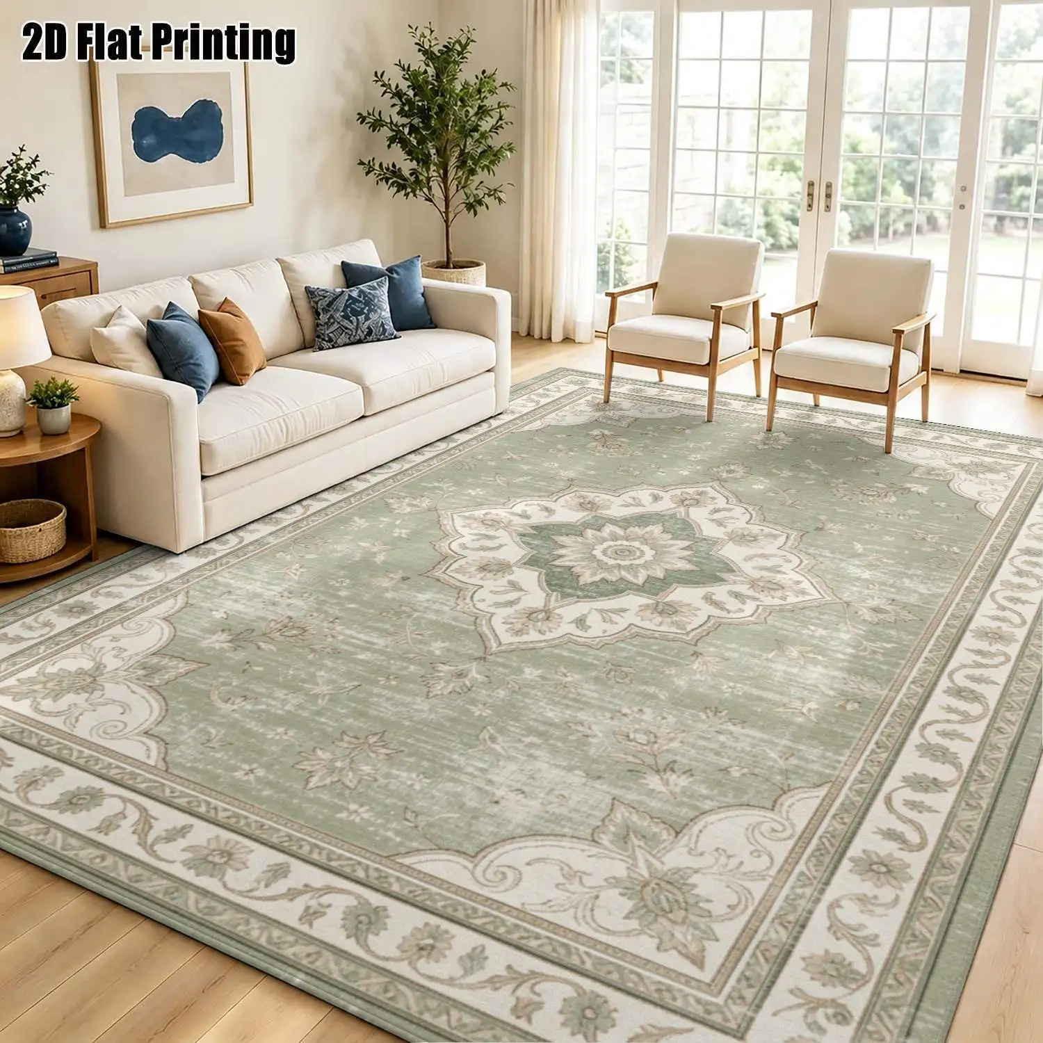 1Pc 2D Printed Carpet: Light Green Retro Floral Pattern, Suitable for Modern Minimalist & Instagram-Style Interiors, Machine Washable, Multi-Size, Ideal for Home Decor, Multi-Scene Use