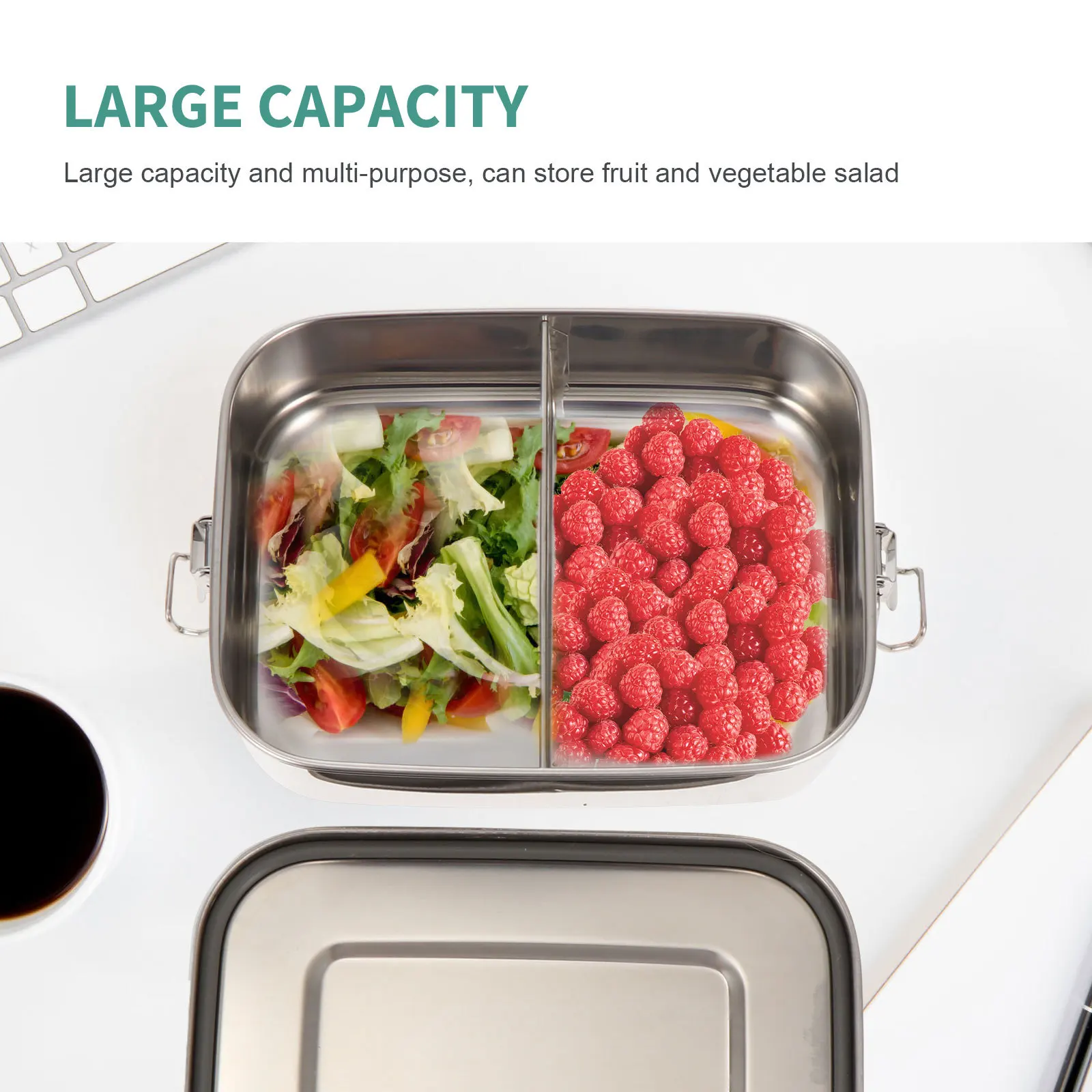 Stainless Steel Divided Lunch Box Large Capacity Fruit Vegetable Salad Container Bento Crisper Portable Camping