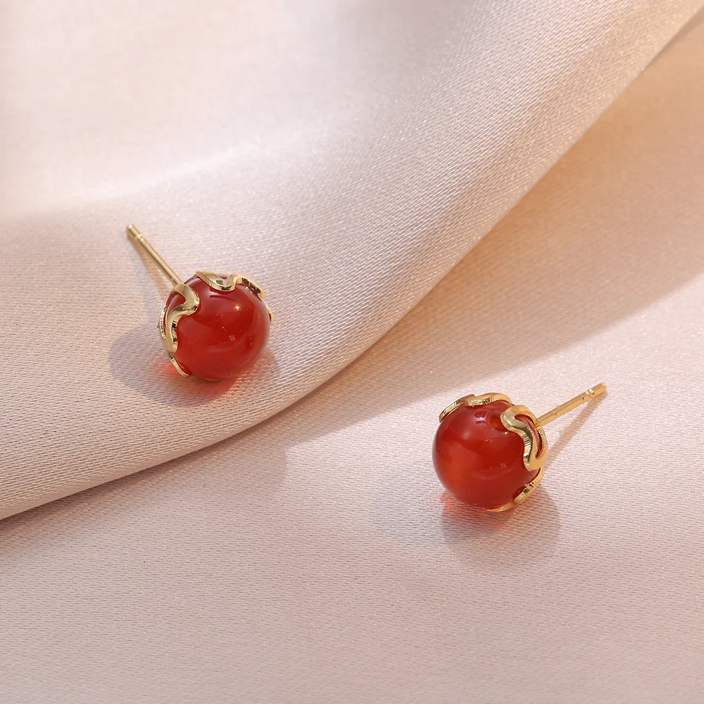 New red agate S925 silver ear studs stud earrings light luxury Korean simple advanced