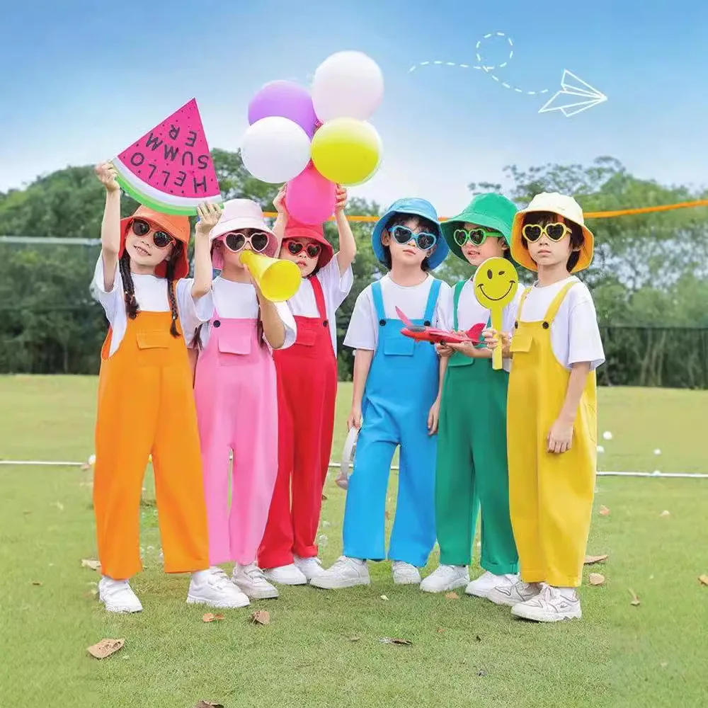 Kids Candy Color Dungaree Pants Set Dopamine Kindergarten Sports Costume Boys Girls Colorful Chorus Outfit Autumn Stage Wear
