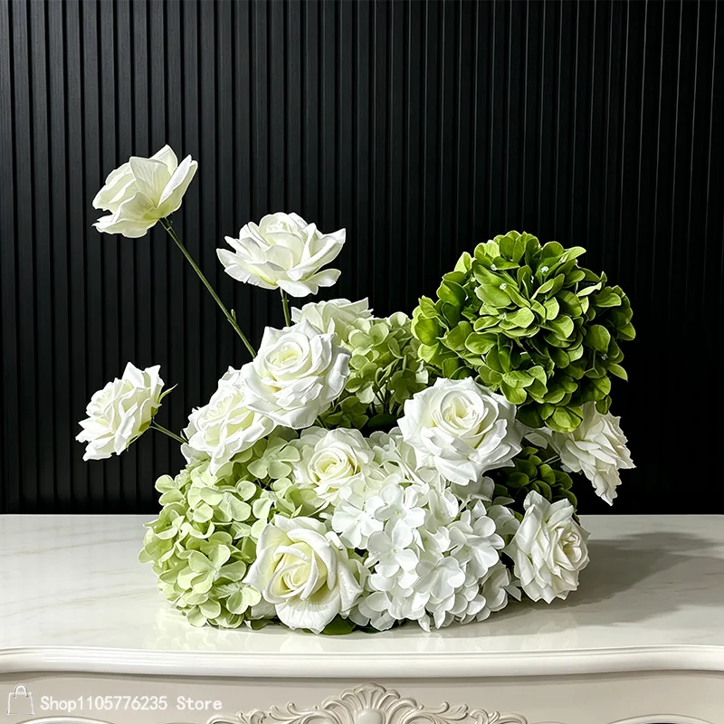 Künstliche weiße Rose, grüne Hortensie, Tischdekoration, Blumenarrangement, Hochzeit, Party, Tischdekoration, Heimdekoration, Innenbereich, Blumenrequisite – Detail 3