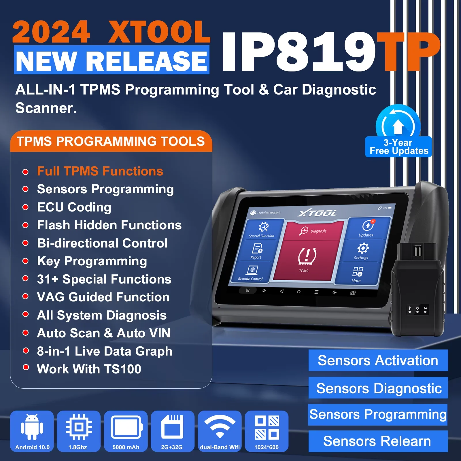 XTOOL InPlus IP819TP Bluetooth TPMS 프로그래밍 도구, 전체 시스템 차량 진단, ECU 코딩, 키 프로그래밍, Android 10, 자동차 스캐너, CAN FD, TS100