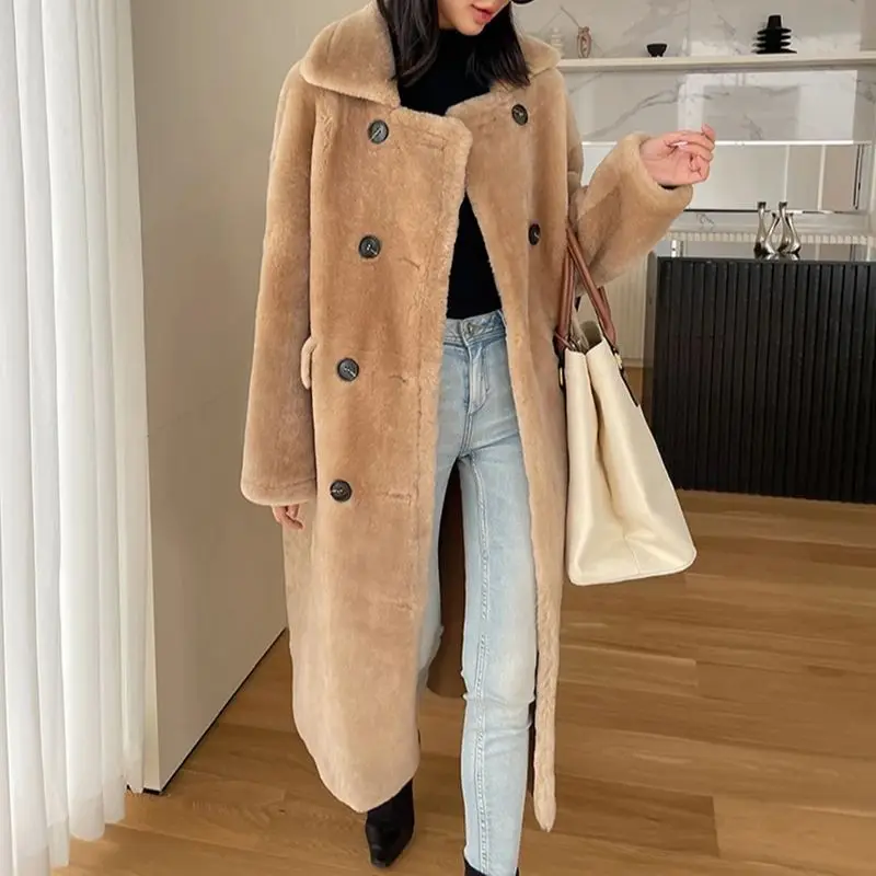 Women Casual Elegant Loose Coat Chic Solid Overcoat Female Fashion Fall Winter 100% Shearling Outerwear Oversized GT6416