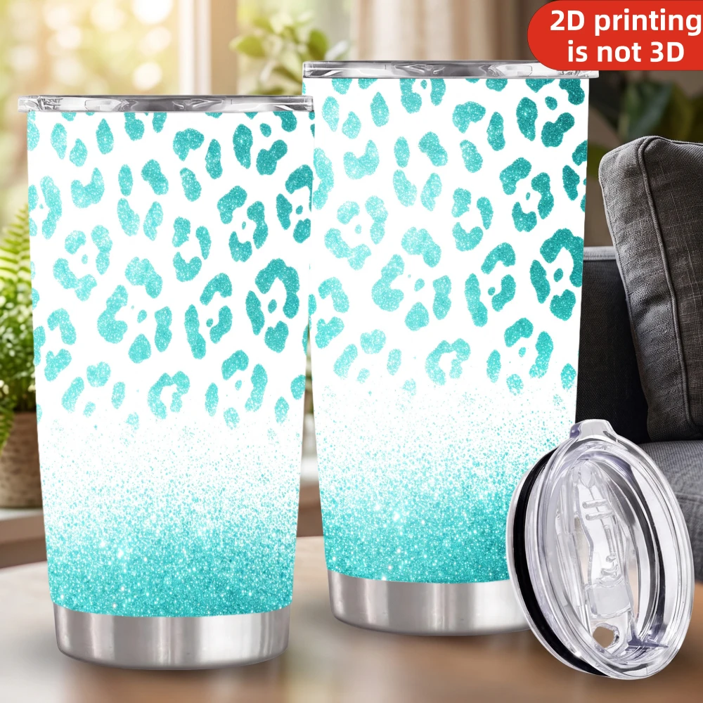 20oz Turquoise Glitter Leopard Print Stainless Steel Tumbler with Lid and Straw, Cyan Teal Sparkle Cheetah Spots Gradient Vacuum Insulated Travel Coffee Mug Gifts