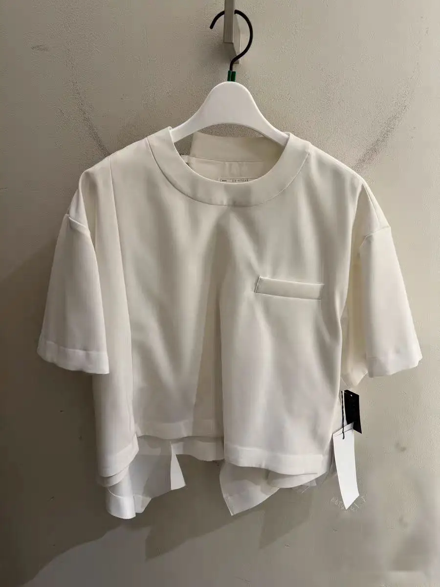 

SAC irregular hem round neck short sleeve back split streamer T-shirt