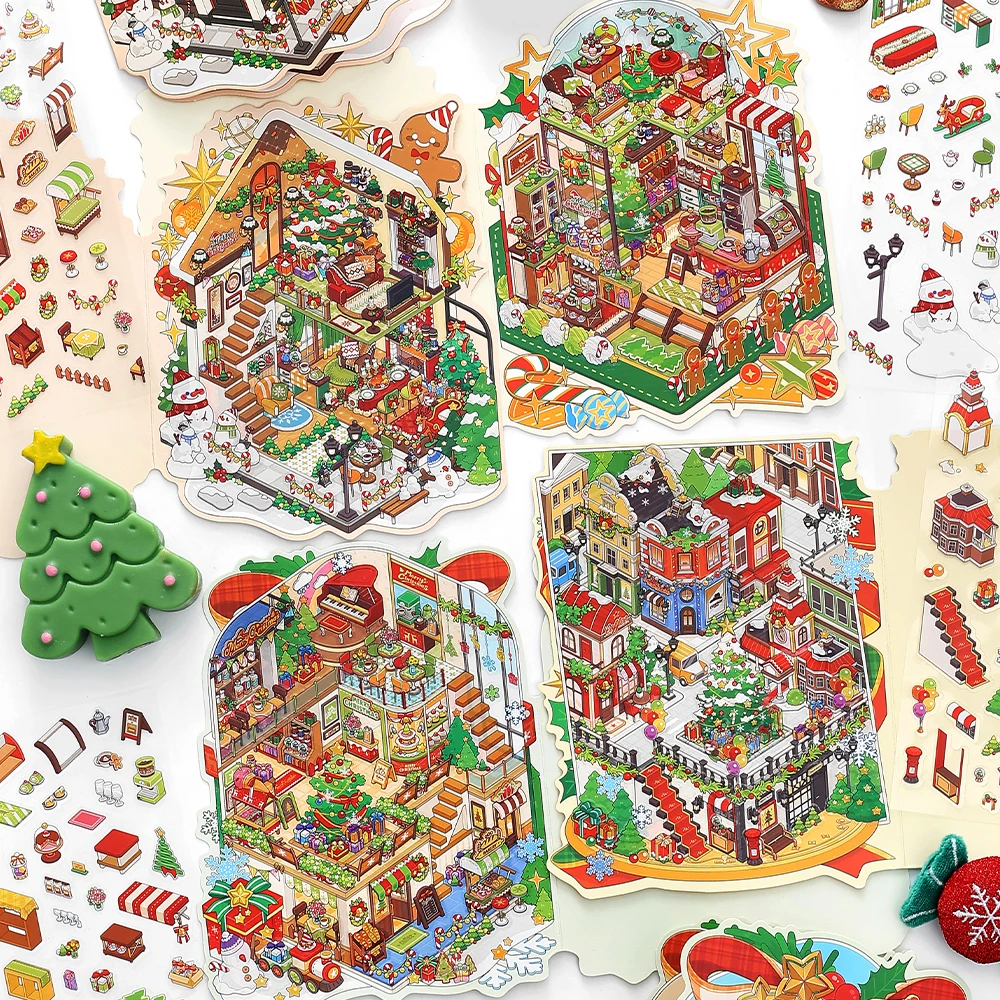 Card Lover 3 Pcs [Christmas Special Series] Waterproof 3D Landscape Stickers Cake House Christmas Apple Simple Style Journaling