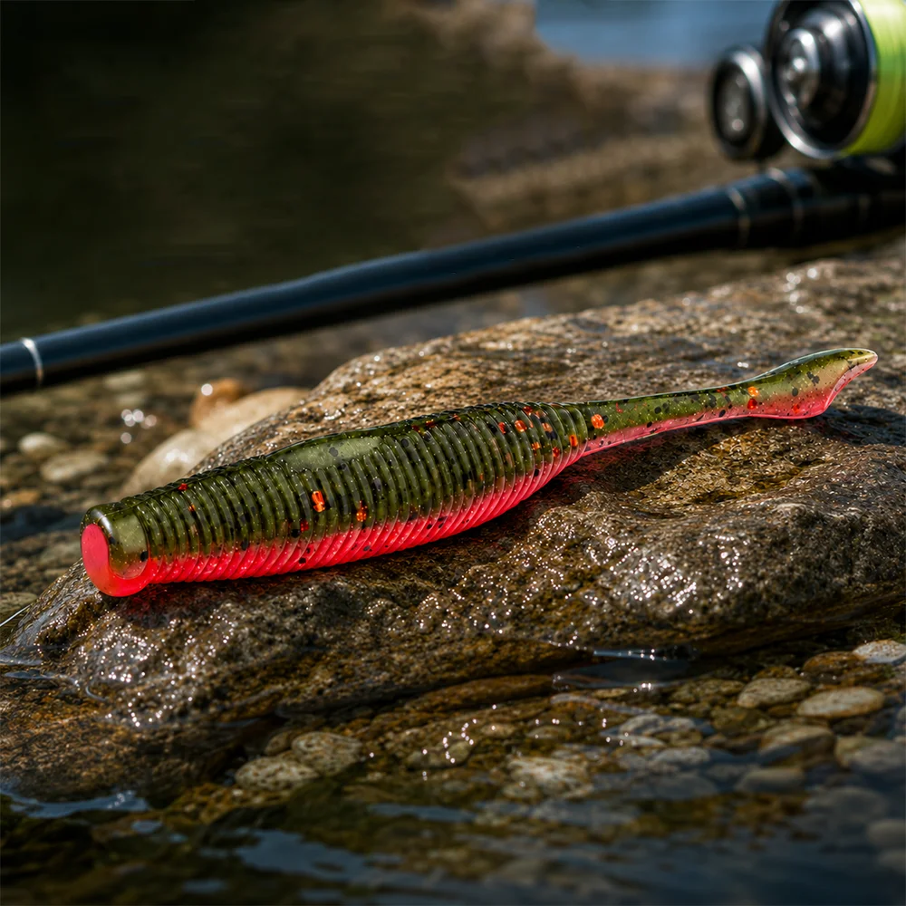 ZUKIBO 10pcs High Salt Soft Worm Bait 3.5in Ribbed Finesse Lure for Bass Weightless Texas Rig Sinking Fishing Lures view 2