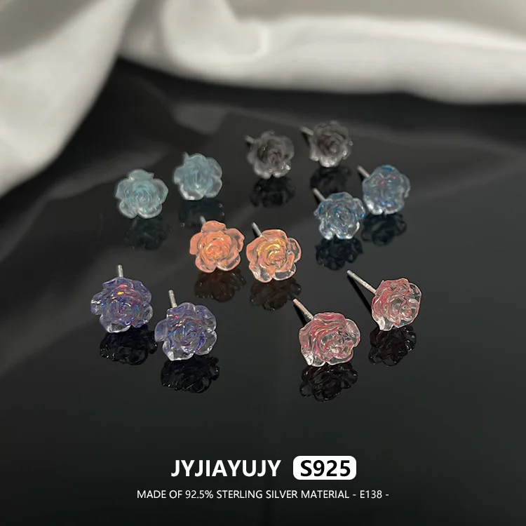 JYJIAYUJY 100% Sterling Silver S925 Earrings Flower Rose Multilayer Petal Six Colors Black/Champagne Female Daliy Use E138