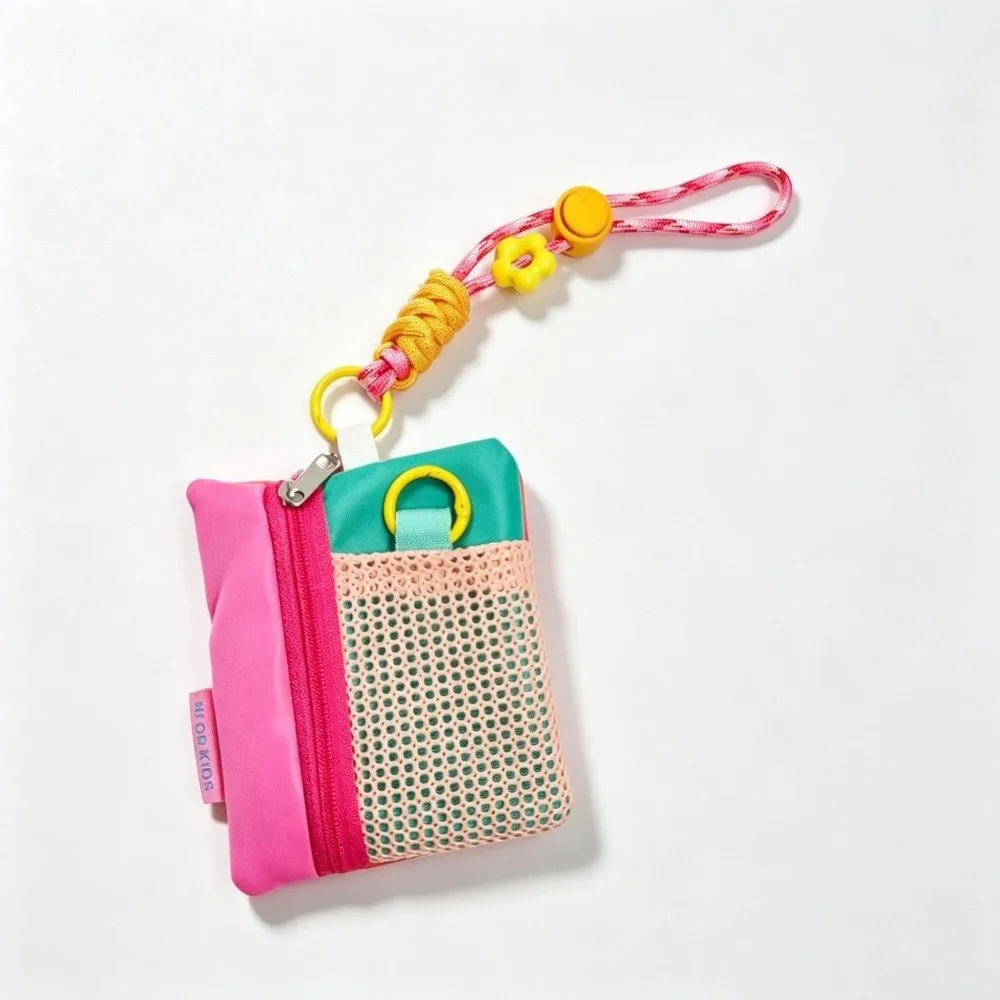 Creative Contrasting Mesh Key Coin Purse Zipper with Lanyard Storage Pouch Portable Lightweight Card Bag for Commute Travel Use