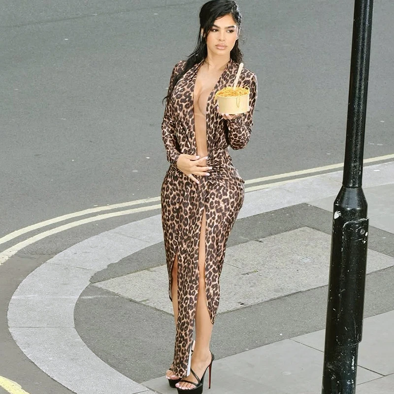 Sexy V Neck Cut Out Long Sleeve Maxi Dress Women Leopard Print High Slit Party Vestido 2025 Summer Fall Night Prom Y2K Clothes