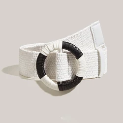 Cinturones de estilo bohemio para mujer, Correa tejida a mano con hebilla redonda en blanco y negro, elástica de diseñador, PP, paja, hierba, pretina para niñas
