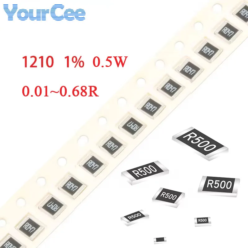 50 szt. rezystorów SMD 1210 1% 0,5W 0,01 0,02 0,022 0,3 0,033 0,047 0,5 0,056 0,068 0,1 0,2 0,22 0,3 0,33 0,47 0,5 0,56 0,68 ohm