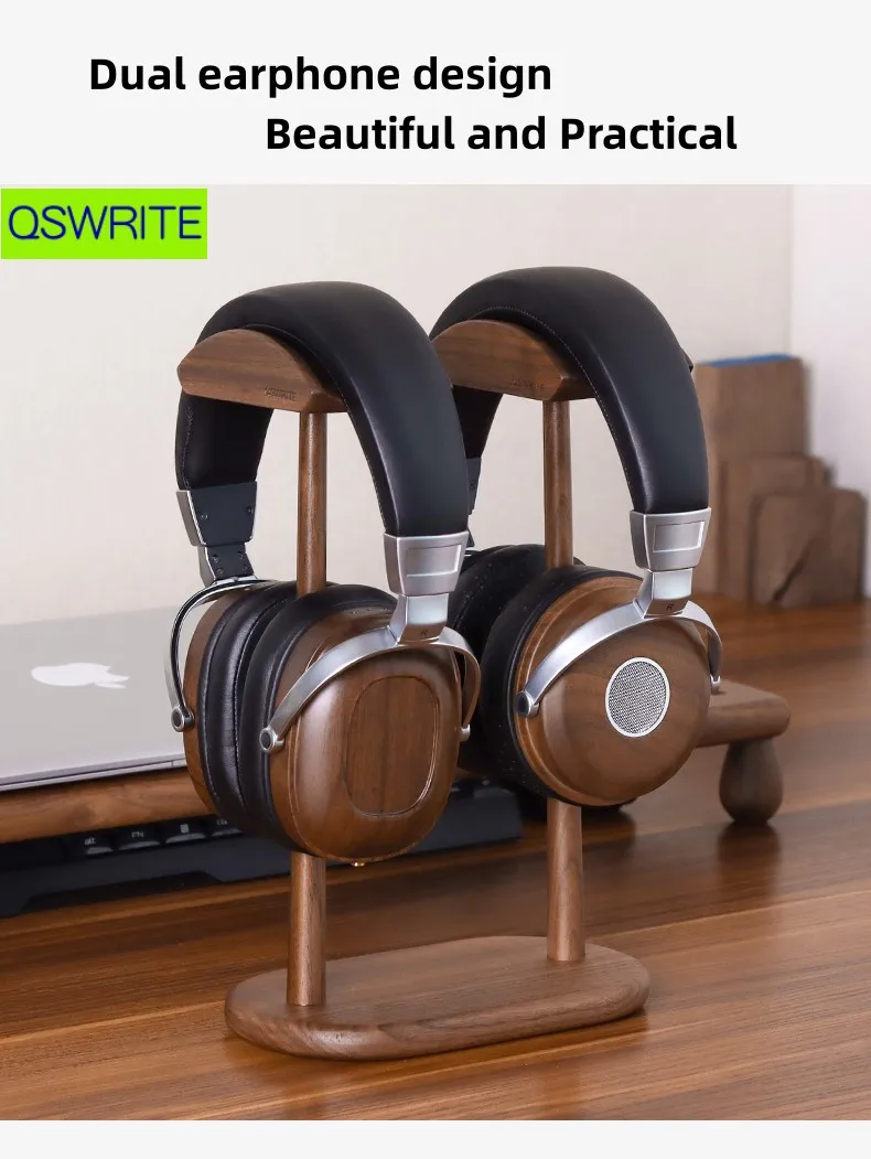 QSWRITE dual headphone holder walnut wood two headphone hanger minimalist rack support headset control storage solid wood rack