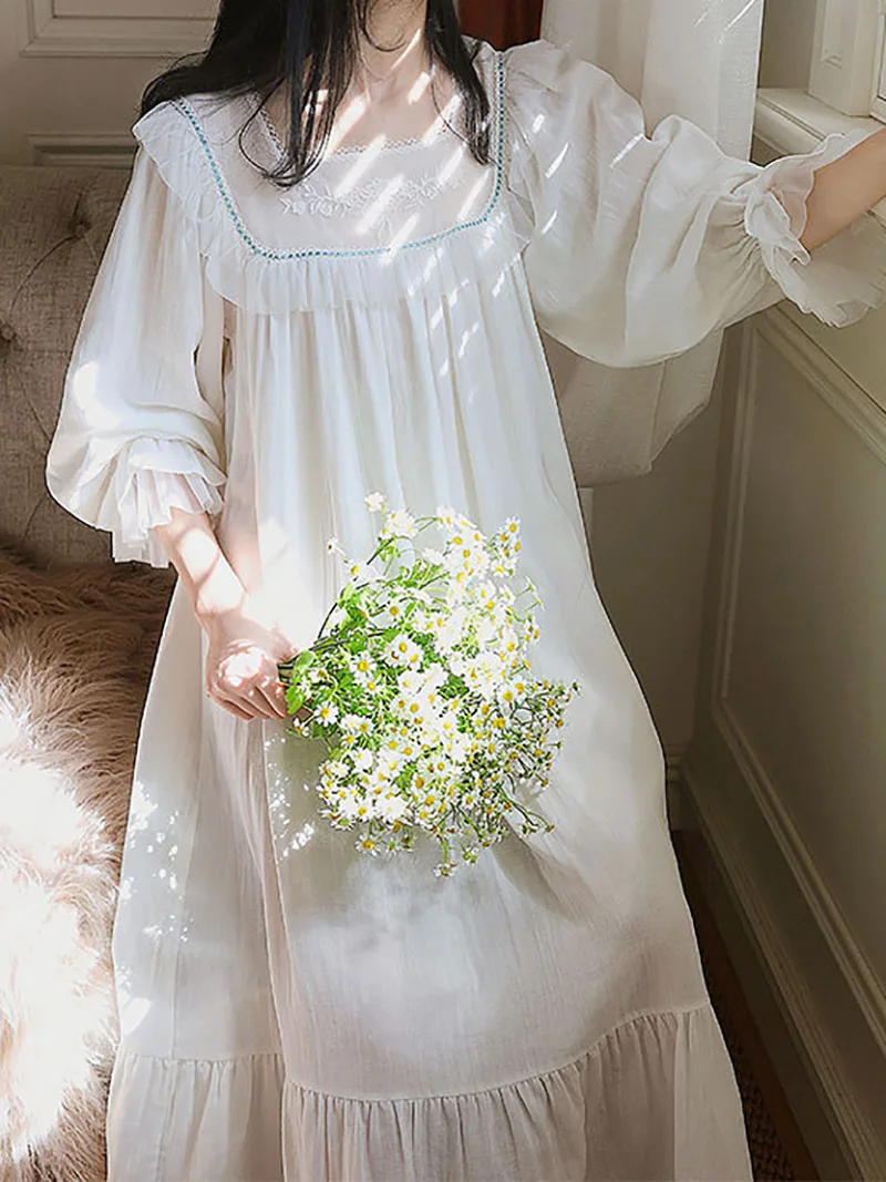 Women Pure Cotton Ruffles Vintage Night Gowns Robe Long Dress Victorian Romantic Princess Sleepwear Vintage Nightdress Homewear