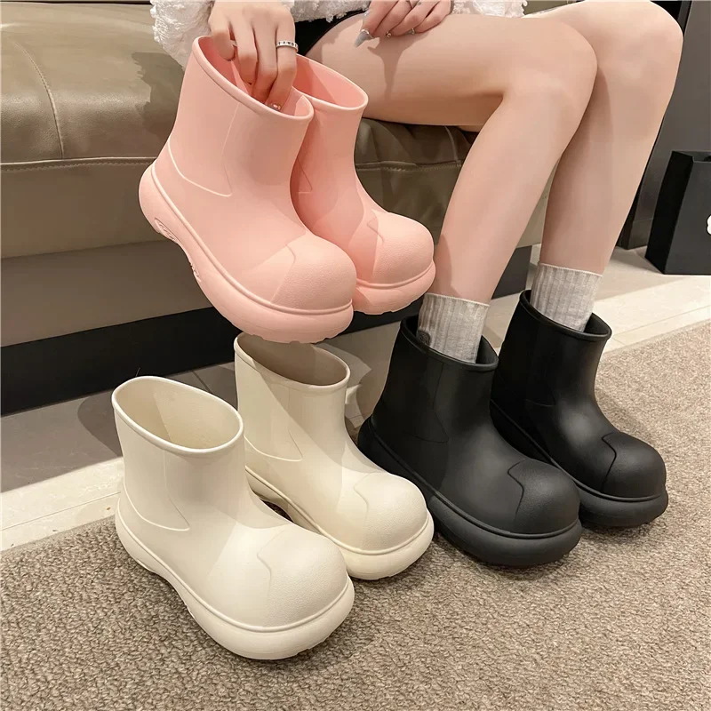 Fashion Out Work Comfortable Thick-Soled EVA Water-Proof Rain Simple & Versatile Mid Calf Lightweight Cute Booties