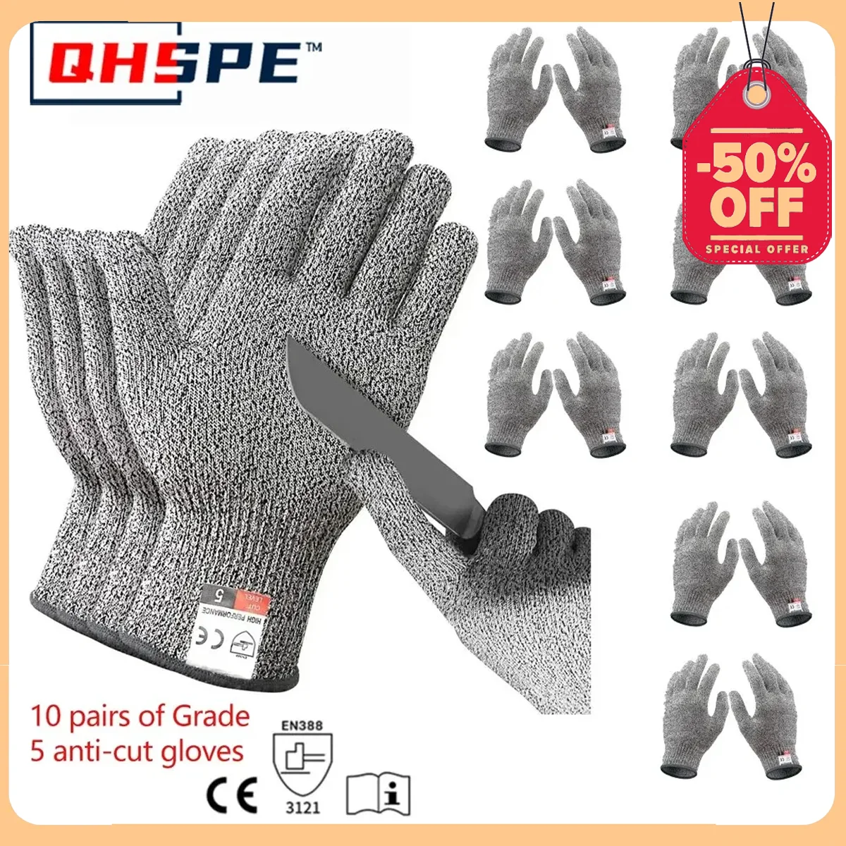 10 Pairs of Grade 5 Anti-cutting Gloves Kitchen HPPE Anti-scratch Glass Cutting Safely Protects Gardeners