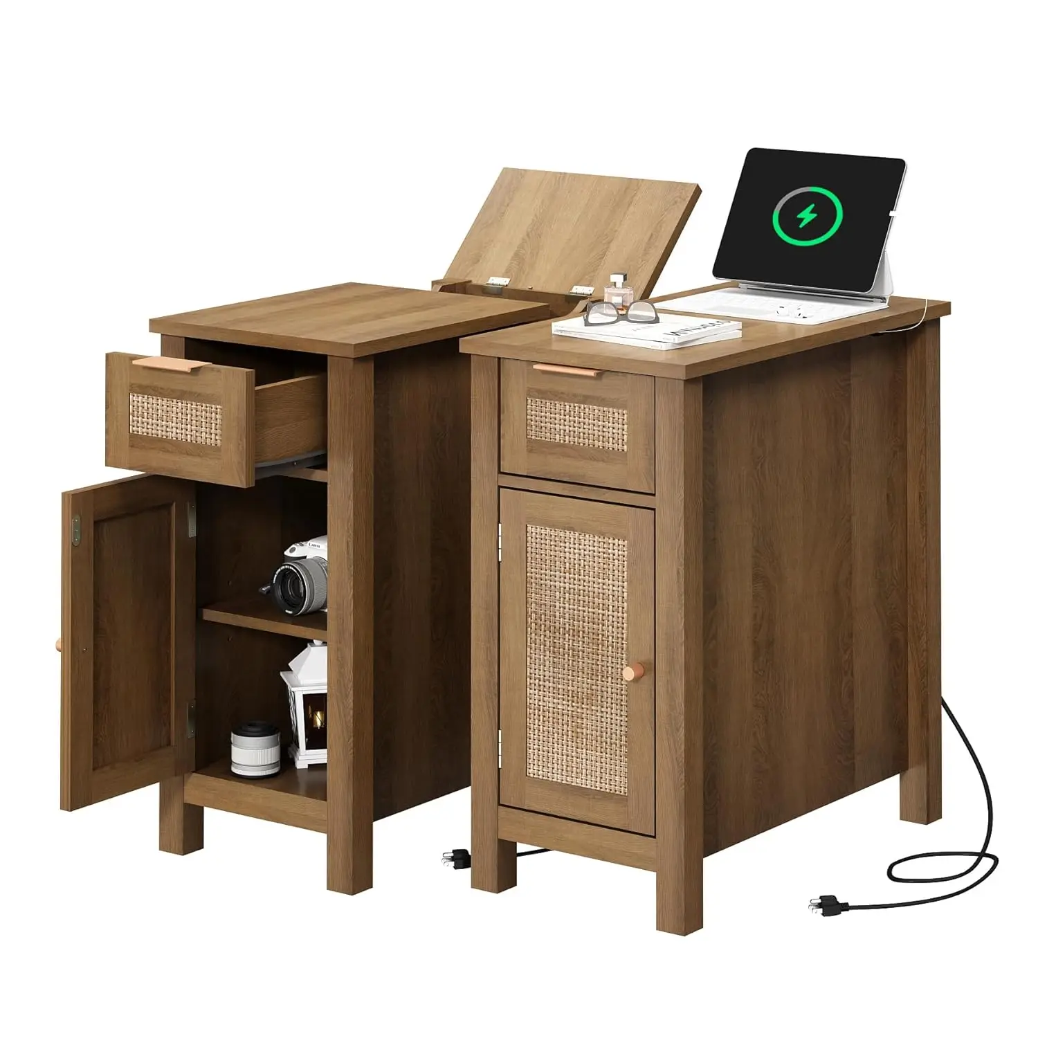 Narrow End Table with Charging Station - Midcentury Rattan Slim Side Table with USB Ports and Power Outlets,, Customized