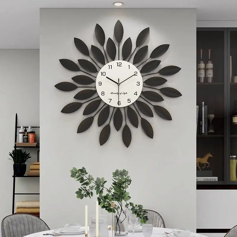 Resin Circular Silent Wall Clocks Creative Luxury Metal Leaves Living Room Wall Clocks Metal Pointer Modern Simple Home Decor