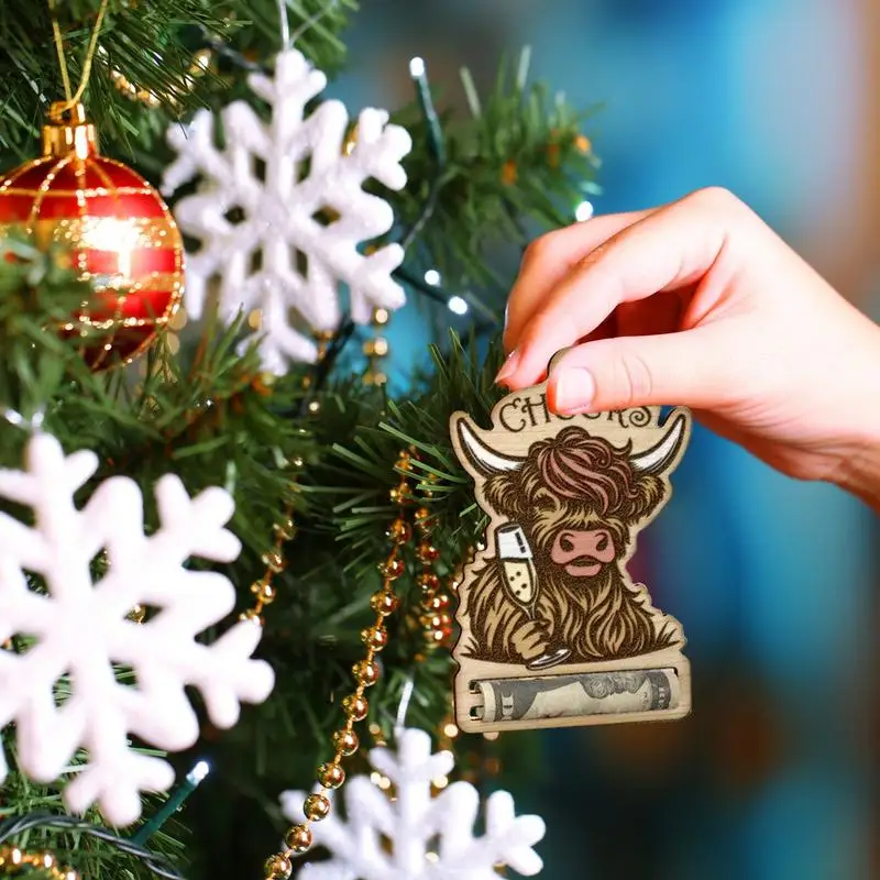 Money Holder Christmas Tree Ornament Highland Cattle Placing Money Dispenser For Christ Wooden Christmas Tree Wallet Ornament