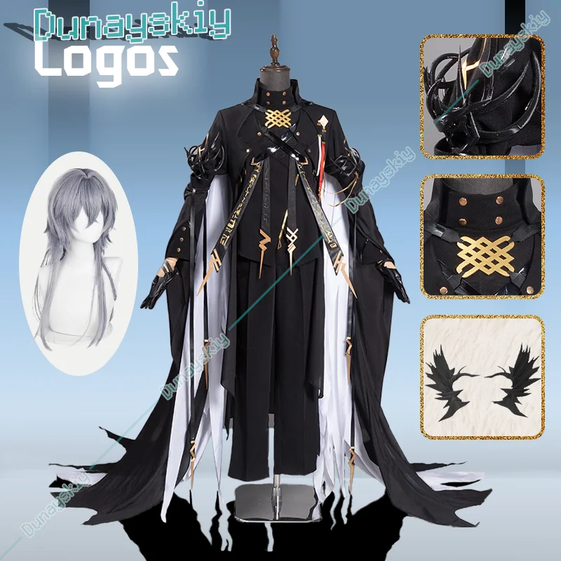 Jogo arknights logotipos sarkaz banshee cosplay traje peruca headwear uniforme chifres pretos braçadeiras brincos luvas adereços de cabelo cinza