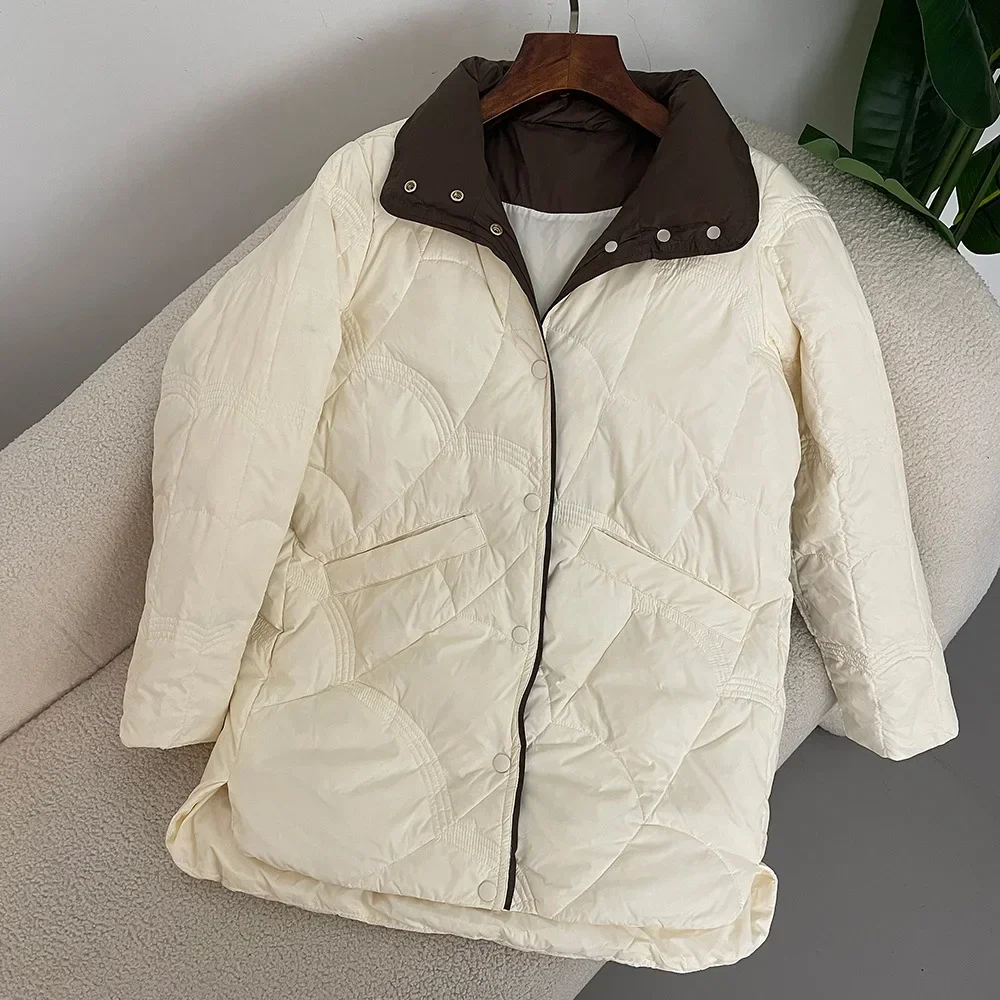 2024 New  Autumn Winter Down Jacket Women Classic Mid-Length Warm Korean Style Loose 90 White Duck Down Jacket Stand Collar Coat