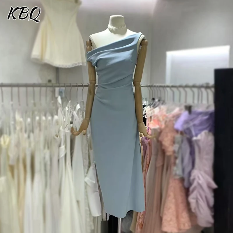 

KBQ Solid Temperament Slimming Chic Dresses for Women Diagonal Collar Sleeveless High Waist Elegant Dress Female Fashion Style