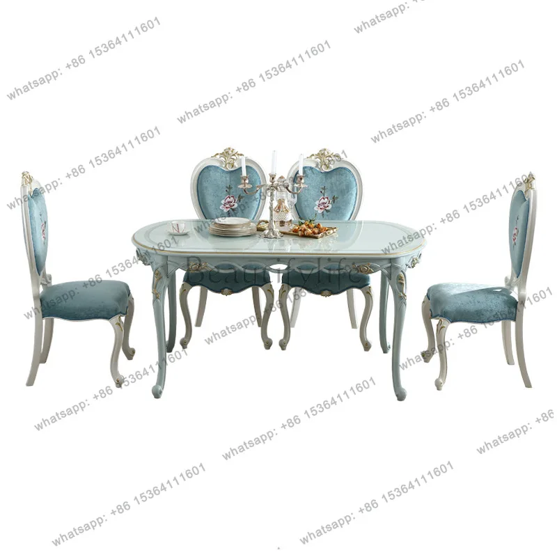 

French light luxury pastoral style dining table blue European oval 1.6M dining table and chair combination furniture