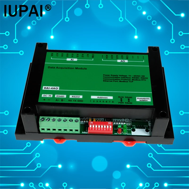 8-канальный аналоговый вход 8AI-4AO, 4-канальный аналоговый выход, модуль Modbus RTU поддерживает расширенную плату PLC, совместимость 4-20 мА, 0-10 в