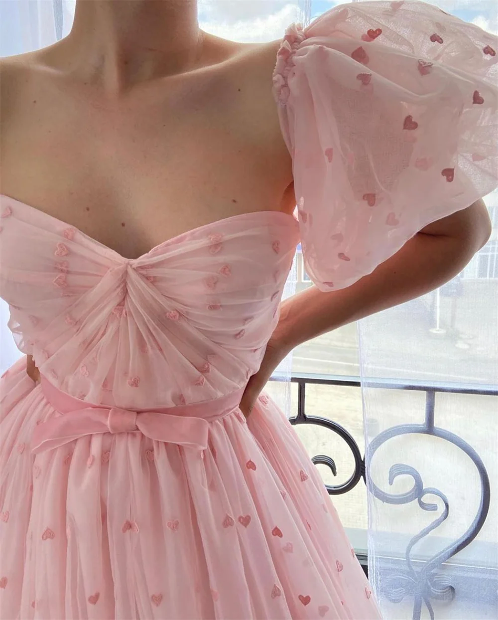 Amanda Princess A-line Evening Dresses Puffy Sleeve Prom Dress 2023 Baby Pink Party Dresses Sweet Heart Shape Robe De Soirée