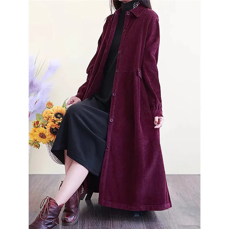 Retro Artistic Style Corduroy Trench Coat Women's Autumn Winter Single Breasted Casual Long Over The Knee Windbreaker Coat 2025