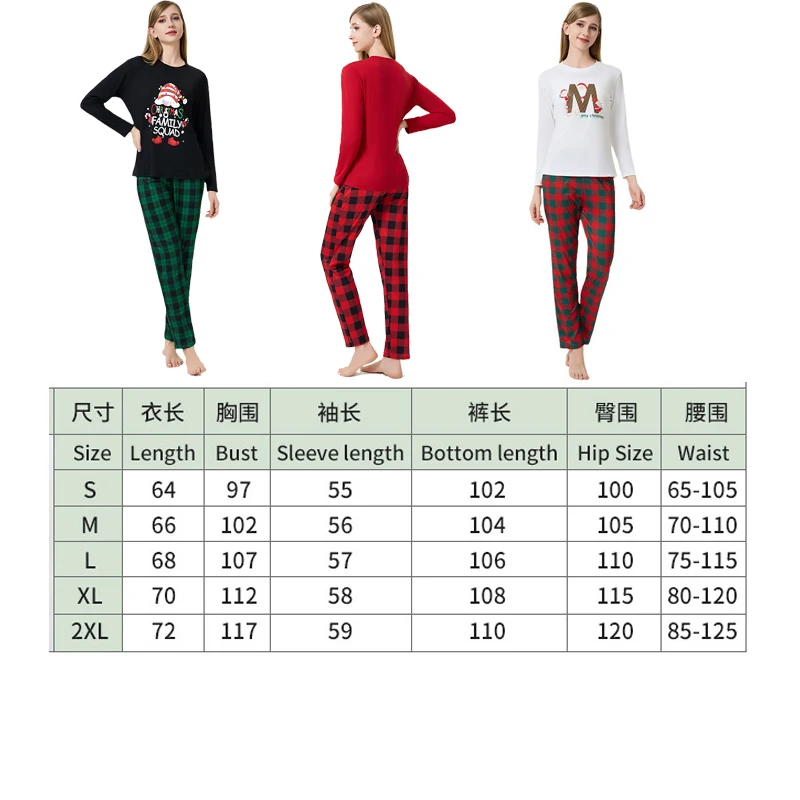 Women Christmas Pajama Suit Merry Christmas Letter Printed Pajamas Female Long Sleeved Checkered Suit S-XXL Pullover Pajama Set