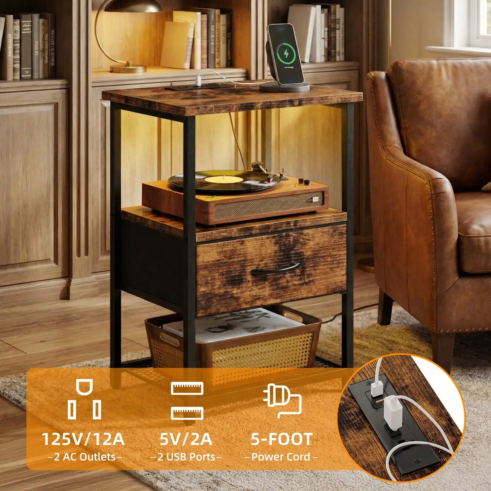 Tomnk Beside Table With Charging Station, LED Nightstand With Fabric Drawers, End Table With PU Finish, Bedside Table, For Bedroom
