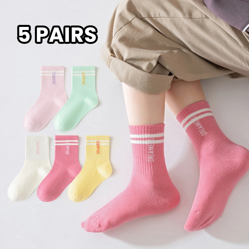 

5 pairs girls' socks, sporty breathable mid-calf socks, with double bars and letters, colorful children's student socks