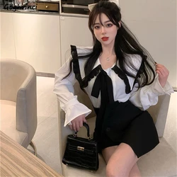 Women Blouse Fashion Autumn Casual French Style Female Peter Pan Collar Flare Sleeve Bow Loose Vintage Ruffles Patchwork Chic