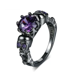 Punk Retro Gothic Skull Rings for Women Men Aesthetic Purple Rhinestone Black Halloween Accessories Witcher Goth Finger Ring