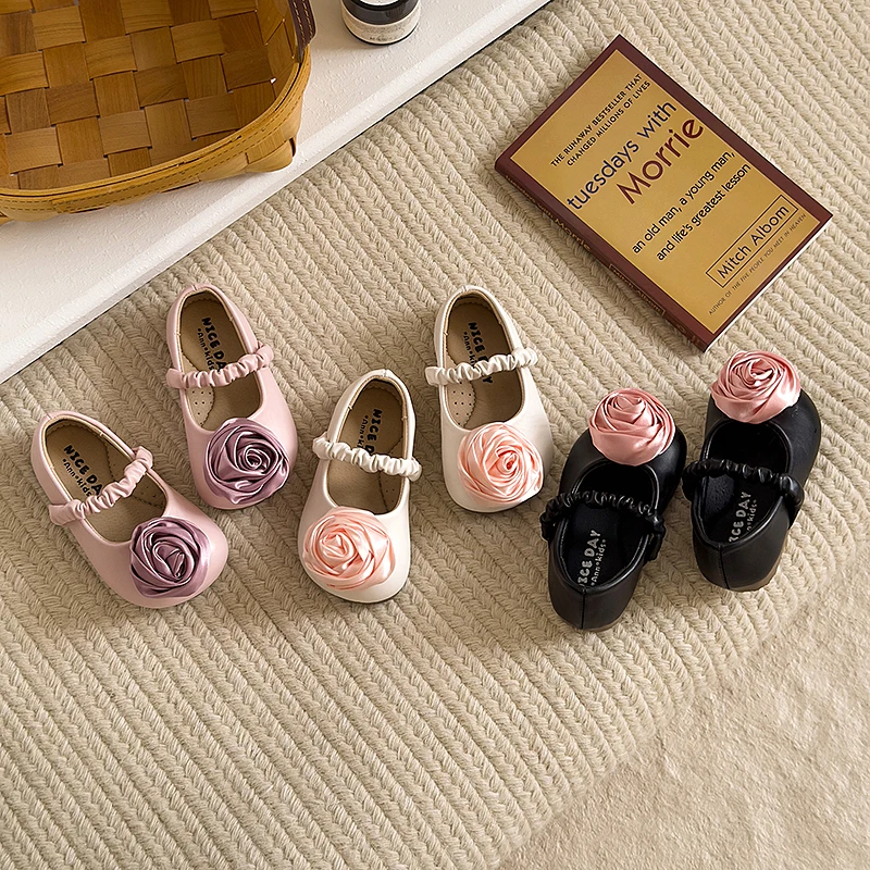 Toddler Girls Mary Jane Shoes, 3D Rose Flower Princess Dress, Soft Sole Anti-Slip Flat Ballet Wedding Birthday Party Girl Shoes