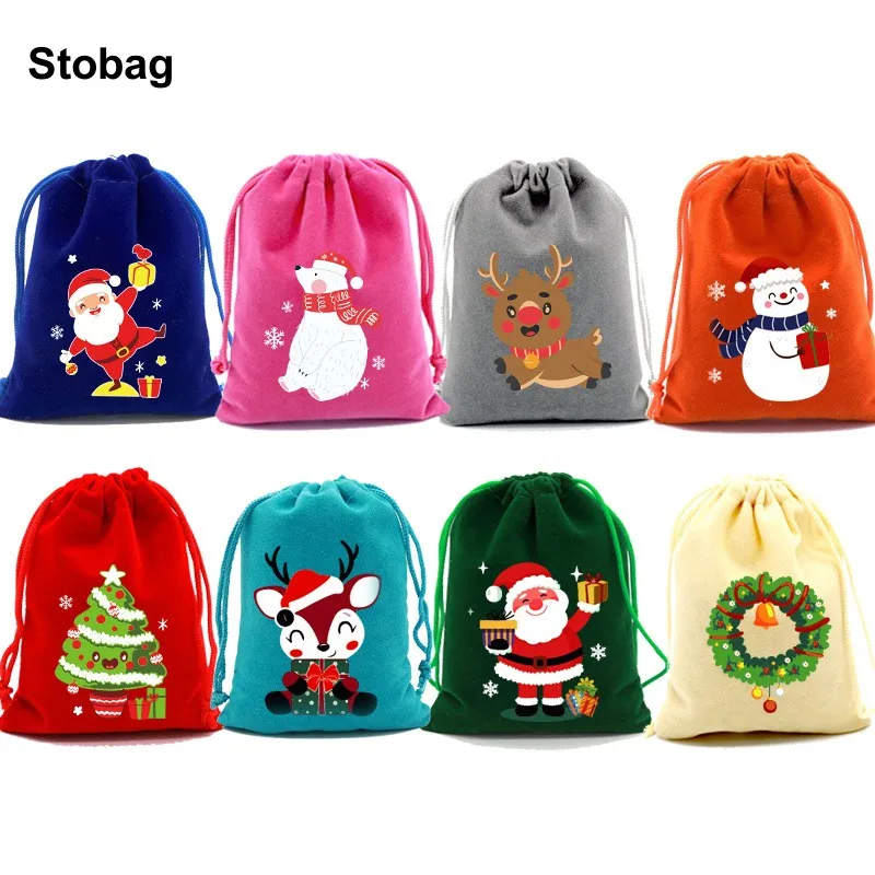 

StoBag 50pcs Wholesale Merry Christmas Color Velvet Drawstring Bag Small Candy Gift Storage Packaging Pocket Pouches Party Favor