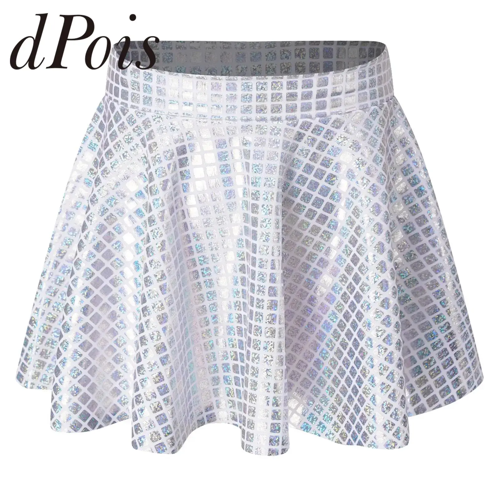 

Women's Skirt Shiny Plaid Sequins Elastic Waistband Ruffled Mini Skirts for Cheerleading Jazz Dance Costumes Clubwear Streetwear