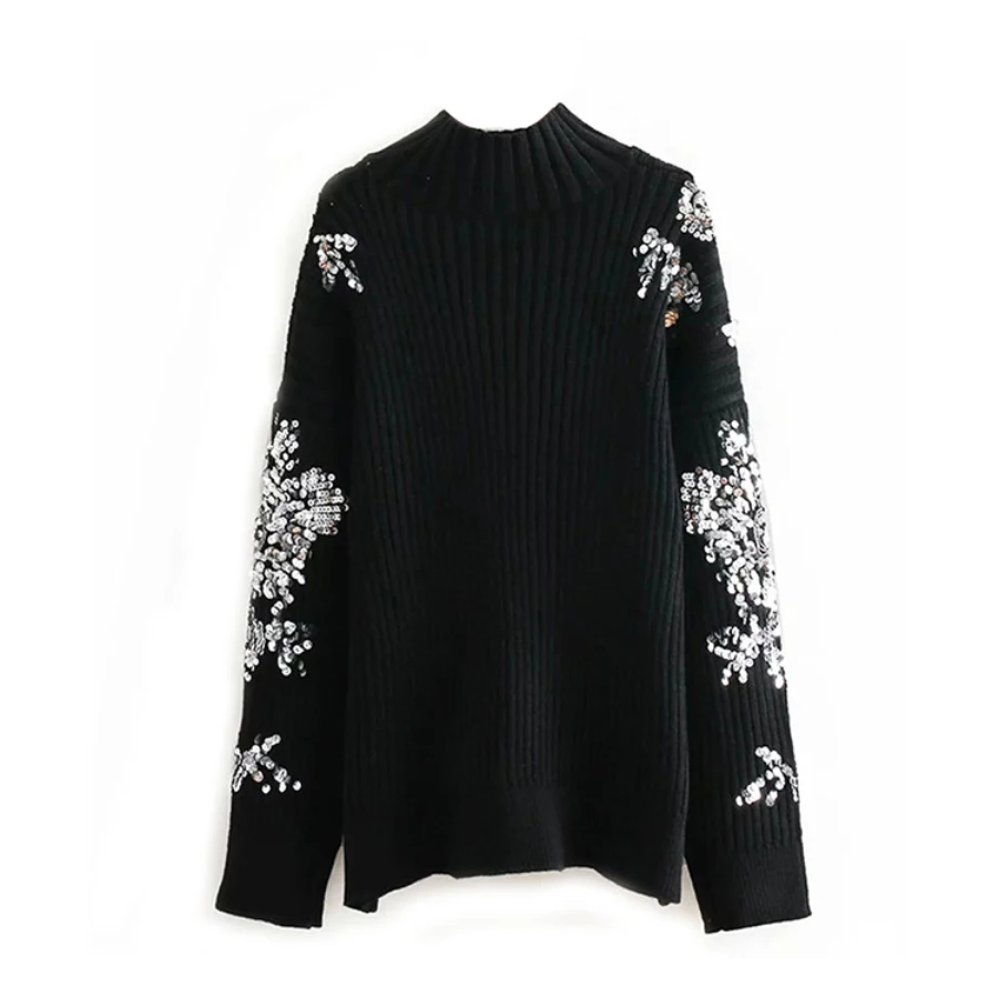 العلامة التجارية الفاخرة مصمم المدرج سترة المرأة الشتاء أنيقة الزهور الترتر مطرز الخفافيش كم فضفاض عالية طوق الدافئة محبوك القمم