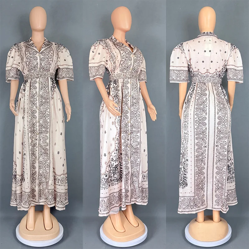 

Dashiki African Dresses for Women Summer Elegant Short Sleeve V-neck Polyester Print Long Maxi Dress Gowns Africa Clothing