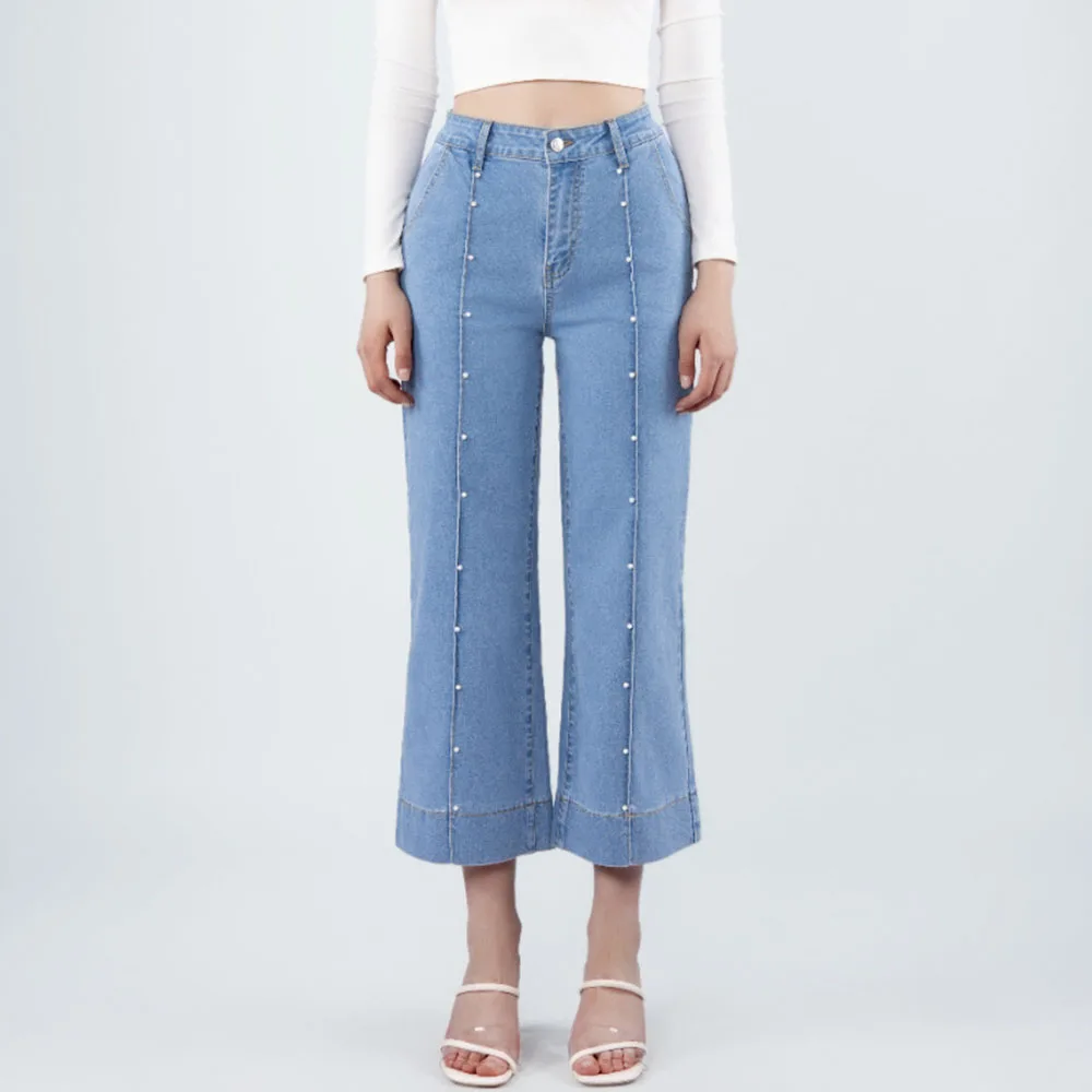 Pearl Decorated Women's Cropped Pants Light Blue Denim Pants Retro High Elastic Spice Girls Trousers Casual Style Pants