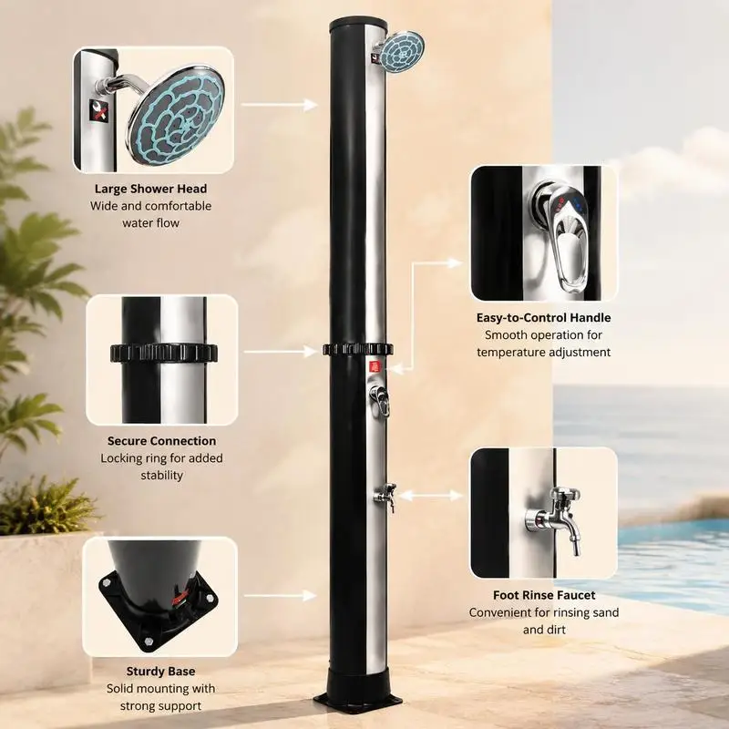 Douche solaire extérieure avec pommeau de douche et robinet, réservoir d'eau de 40 L, unité de bain portable pour camping et jardin, acier inoxydable noir, douche extérieure, bord de piscine, résistante aux intempéries, autoportante.