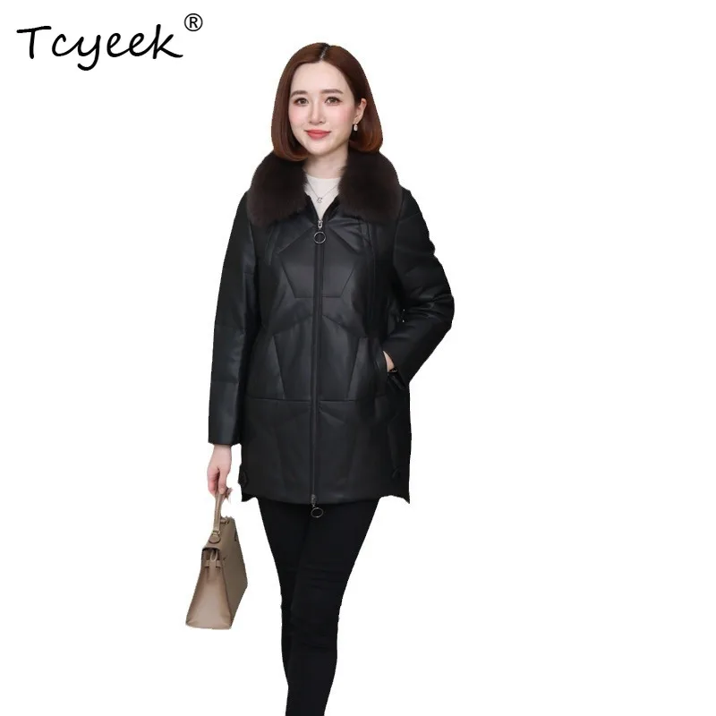 

Tcyeek Верхний слой овчины Белый гусиный пух с лацканами Черная женская куртка средней длины из натуральной кожи Женская Кожаная Куртка