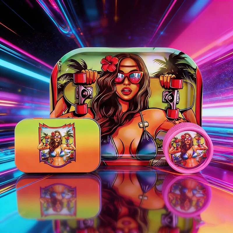 

3PCS Skateboard Girl Tinplate Smoke Accessories Set Tin Tobacco Rolling Tray Grinder Cigaret Box Gift for Smoking Accessories
