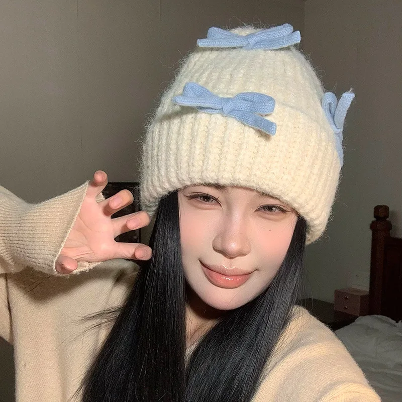 Ladies' Beanies Korean Kawaii Contrasting Colors Dopamine Bow Sweet Cute Thicken Warm Ear Protection Pullover Hats For Girl