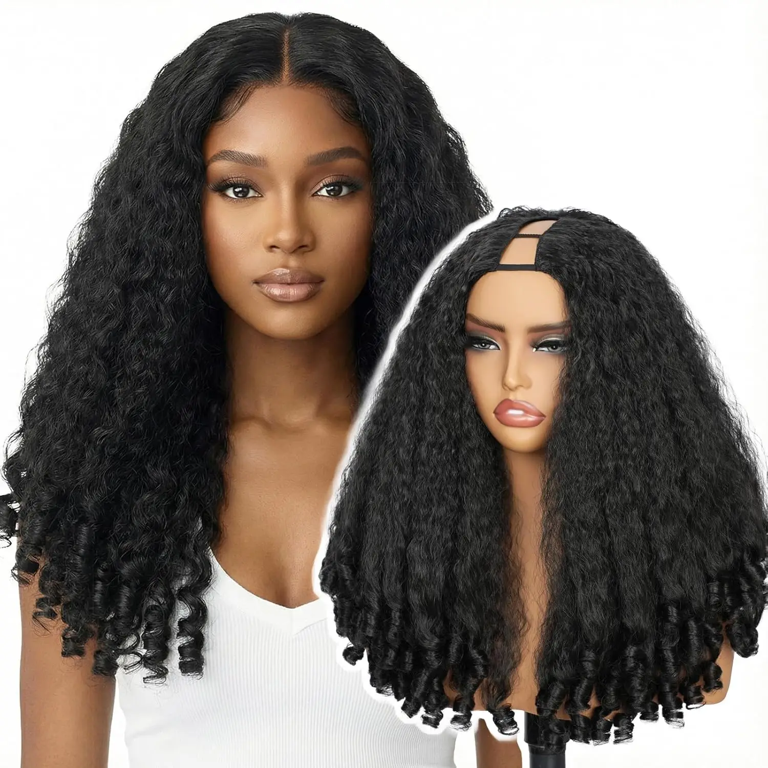 Pelucas Afro Kinky Liso de 24 Pulgadas con Parte en V y Rizos Voluminosos, Pelucas Sintéticas Cortas Sin Pegamento para Mujer, Pelucas de Media Cabeza con Clip Sin Necesidad de Dejar el Cabello Natural