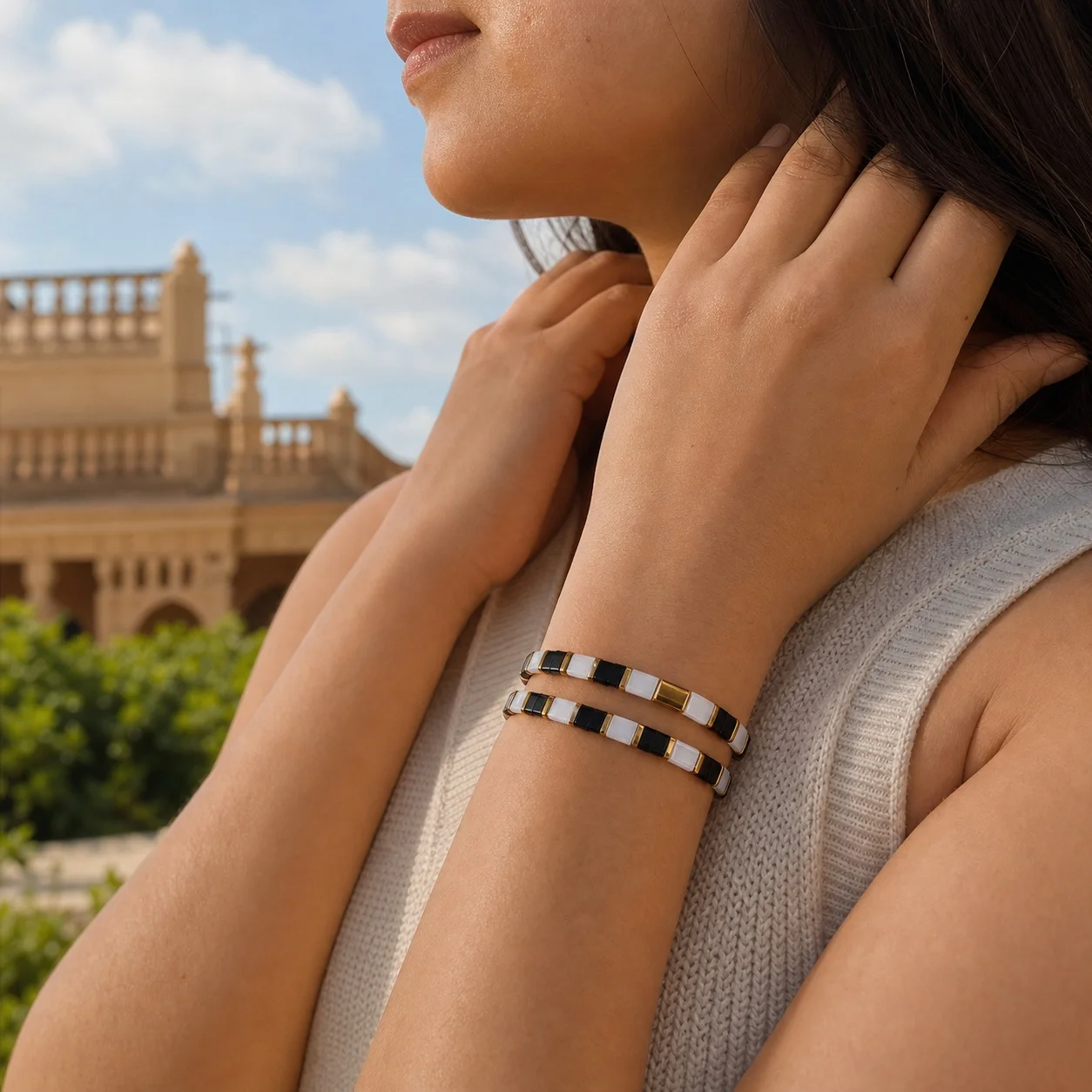 2pcs Glass Beaded Bracelet with Black White and Gold Color Geometric Square Tiles Minimalist Stretch Bracelet for Women