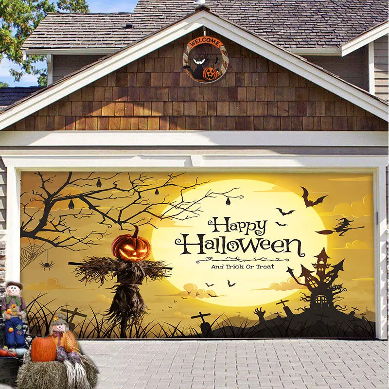 Happy Halloween Jack Lantern Garage Door Banner Mural, Scary Pumpkin Creepy Halloween Garage Door Banner Mural, Halloween Decora