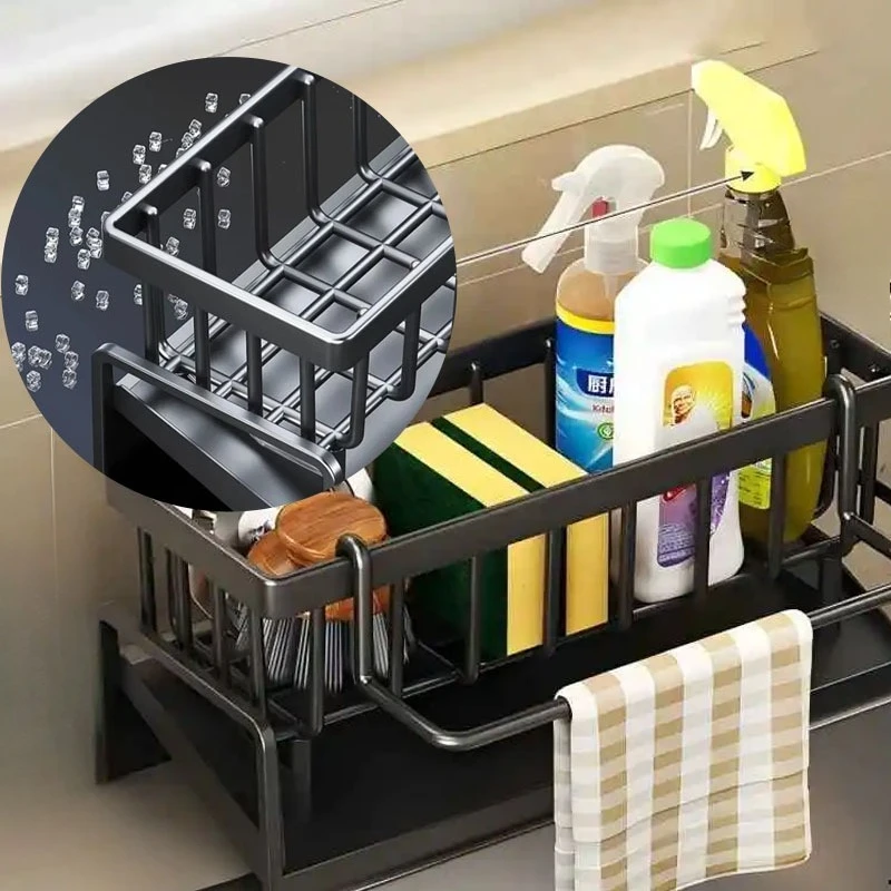 

Kitchen Sink Metal Storage Box Multifunctional Sponge Brush Holder with Towel Rack for Countertop Storage