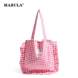 MABULA Plaid Cotton Fabric Handbag Ruffled Design Girl Candy Color Casual Study Work Tote Bag Large Capacity Shoulder Purse 2024